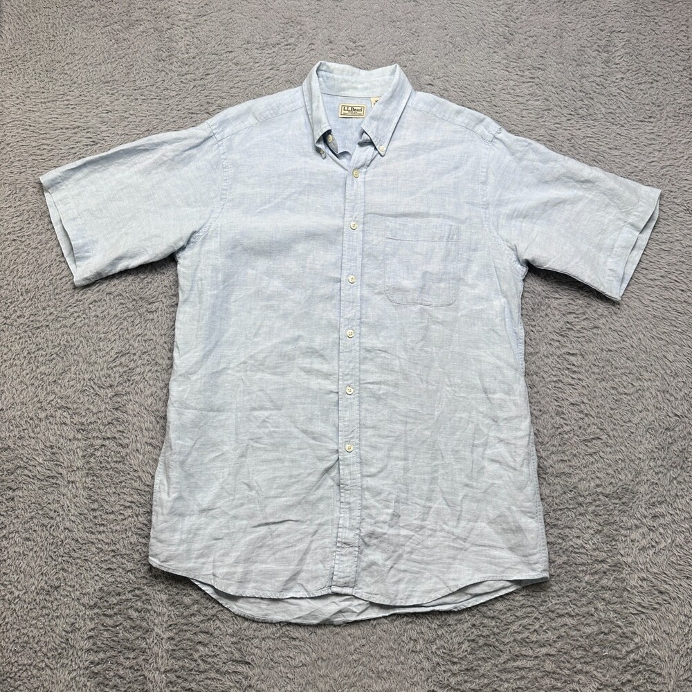 LL Bean 100% Linen Shirt Mens Medium Blue Short Sleeve Button Up Regular